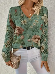 Bohemian floral V-neck knit sweater with elegant hollow-out crochet sleeves detail