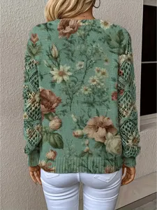 Back view of bohemian floral printed sweater with hollow-out crochet knit sleeves