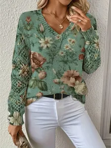 Detailed view of bohemian floral print V-neck sweater with elegant crochet sleeves