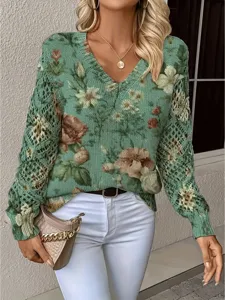 Elegant Bohemian floral V-neck knit sweater featuring stylish hollow-out long sleeves