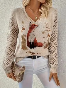 Detailed view of bohemian V-neck sweater with fox print and hollow knit sleeves