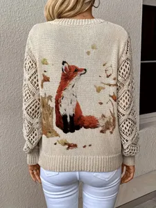 Rear view of knit sweater featuring orange fox print and hollow out lace crochet sleeves