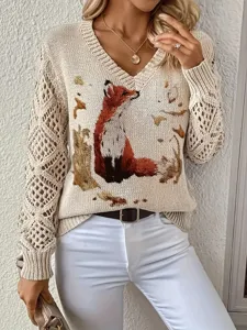 Detail of bohemian V-neck knit sweater featuring orange fox print and crochet hollow sleeves