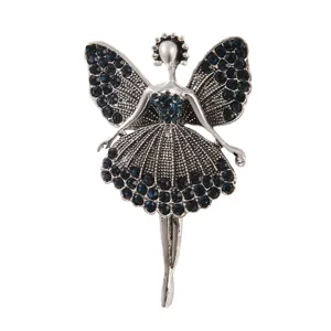 Exquisite ballerina fairy brooch with dark blue rhinestones in vintage silver finish