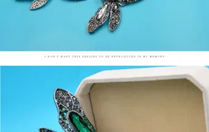 Close-up detail of a vintage dragonfly brooch featuring exquisite green and grey rhinestones