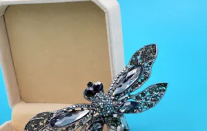 Close-up detail of an elegant vintage dragonfly brooch set with grey and black crystals.
