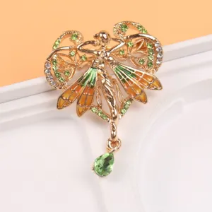 Broche de Ángel de Corazón Barroco Vintage para Mujer Aleación Dorada Diamantes de Imitación Verdes Esmalte Joyería