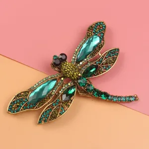 Vintage green rhinestone dragonfly brooch insect pin jewelry accessory for women's coats