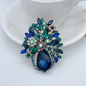 Elegant Flower Basket Rhinestone Brooch For Women Zinc Alloy Inlaid Blue Floral Corsage Pin Vintage Banquet Suit Jewelry Gift