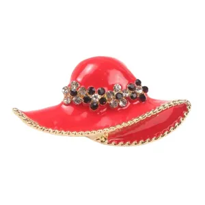 Elegant red enamel hat brooch decorated with sparkling crystal rhinestones and black gems