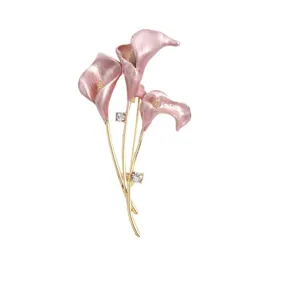 Elegant pink enamel tulip flower brooch with gold stems and clear crystals for women.