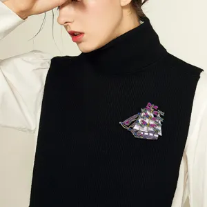Elegant vintage sailboat brooch adorned with colorful rhinestone dragonflies on vest