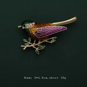 Exquisite colorful enamel bird brooch with crystals on branch detail, 3x4.8cm size