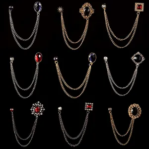 Spilla a Doppia Catena in Lega Vintage con Strass per Uomo Donna Elegante Rubino Zaffiro Gemma Nera Spilla per Maglione per Banchetto Festa Matrimonio Gioielli