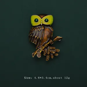 Exquisite enamel owl brooch detail with green rhinestone eyes and dimensions info