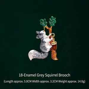 Exquisite creative enamel squirrel brooch climbing a tree with acorn, 5.0x3.2cm size.
