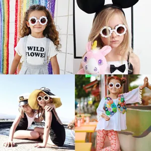 Collage de niñas con gafas de sol blancas en forma de girasol con protección UV