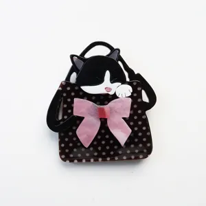 Broche de gato de acrílico hecho a mano en cesta con gran lazo rosa para accesorios de moda