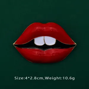 Close-up detail of a vibrant red lips enamel brooch badge with dimensions 4x2.8cm and 10.6g weight
