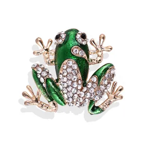 Exquisite green enamel frog brooch with sparkling clear rhinestones for accessories