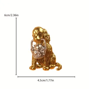 Detailed view of golden dog brooch with cat in basket, 6cm x 4.5cm dimensions