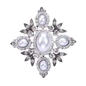 Vintage Baroque cross brooch with white pearls and rhinestones in an antique silver finish.