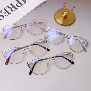 Gafas Antiluz Azul Ojo De Gato Para Mujer Montura De Metal Fotocromáticas Diamantes De Imitación Moda Gafas Ópticas Planas Para Oficina Diario
