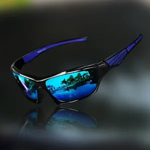 Close-up of sports sunglasses with blue mirrored lenses and black frame for cycling
