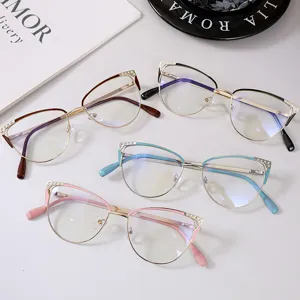 Gafas de Moda Ojo de Gato para Mujer Marco de Metal con Diamantes Incrustados Bloqueo de Luz Azul Fotocromáticas Gafas Sin Graduación