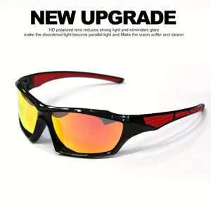 Detail view of men's sports sunglasses with colorful HD polarized lenses.