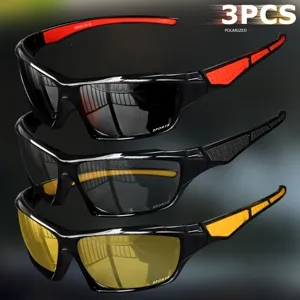 Set of 3 polarized sports sunglasses for men featuring black, red, and yellow lenses.