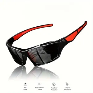 Close-up detail of men's sports sunglasses featuring anti-glare and HD vision icons.