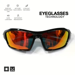 Detailed front view of men's sports sunglasses with orange mirrored lenses and black frame
