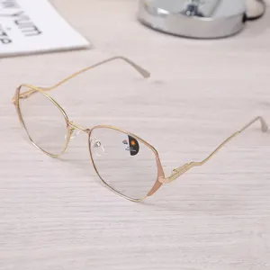 Close-up of vintage gold polygon eyeglass frames with photochromic lenses.