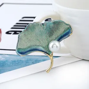 Colorful ginkgo leaf brooch with pearl accent for women's fashion