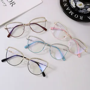 Cat-Eye Metal Glasses Frame For Women Rhinestone Embellished Anti-Blue Light Photochromic Optical Eyeglasses Fashion Frame