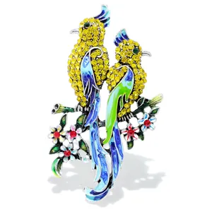 Broche de pájaro en esmalte colorido con pedrería amarilla y flores para mujer