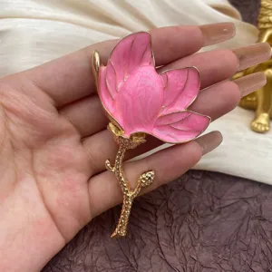 Vintage elegant pink tulip enamel flower brooch with a refined golden stem finish