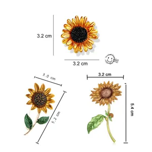 Gedetailleerde afmetingen van drie vintage geëmailleerde zonnebloem broches voor kleding