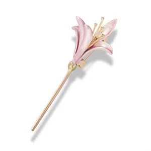 Elegant pink enamel lily flower brooch pin with gold-tone finish for women jewelry