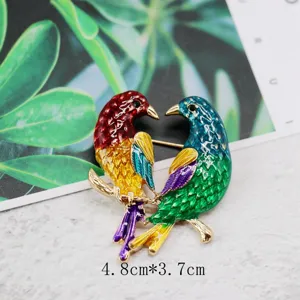 Close-up of vintage enamel bird brooch with 4.8cm by 3.7cm dimensions.