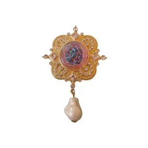 Elegante spilla barocca in metallo e smalto stile palazzo vintage con perla pendente