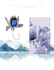 Elegant crystal flower brooch detail with blue sapphire-like center and pearl accent