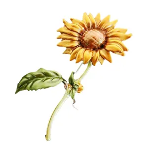 Vintage handbeschilderde zonnebloem broche met gele bloemblaadjes en een groene steel.