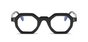 Vorderansicht der stilvollen schwarzen achteckigen Blaulichtfilter-Brille mit dickem Rahmen