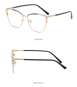Detail view of bicolored metal eyeglass frames with rhinestones and side display.
