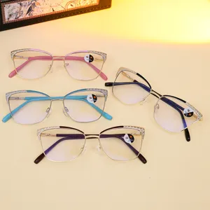 Women Cat Eye Titanium Alloy Eyeglass Frames Rhinestone Inlaid Two Tone Blue Light Blocking Photochromic Optical Glasses