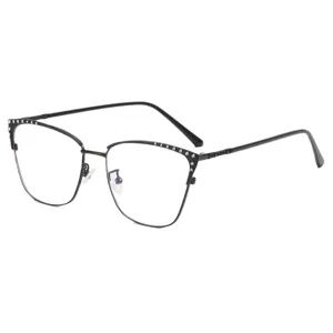 Fashionable black metal cat-eye eyeglass frames with elegant decorative crystals
