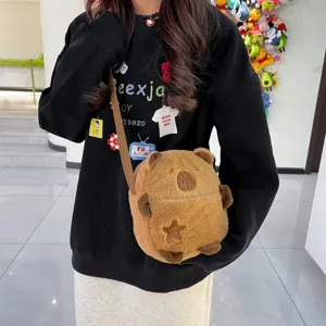 Sac bandoulière mignon capybara en peluche marron pour femme avec fourrure synthétique