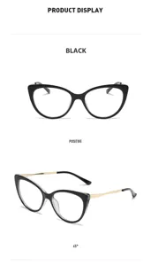 Vues détaillées de lunettes œil de chat noires avec branches dorées, face et 45 degrés